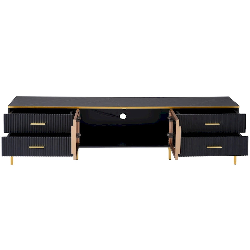Media Console Table with Glass Storage Cabinet,Golden Legs & Handles-5