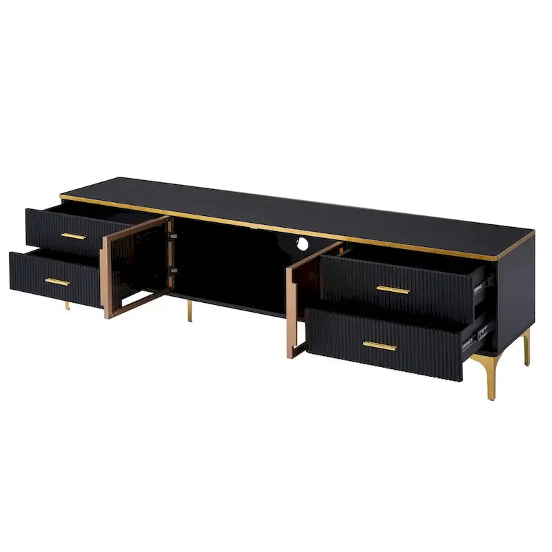 Media Console Table with Glass Storage Cabinet,Golden Legs & Handles-7