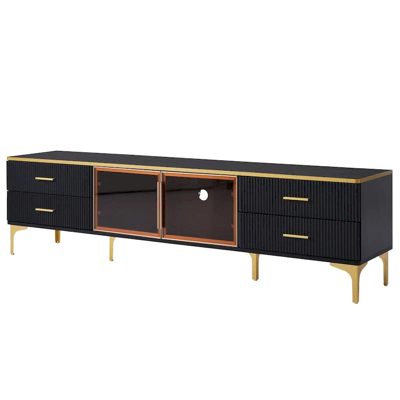 Media Console Table with Glass Storage Cabinet,Golden Legs & Handles-8