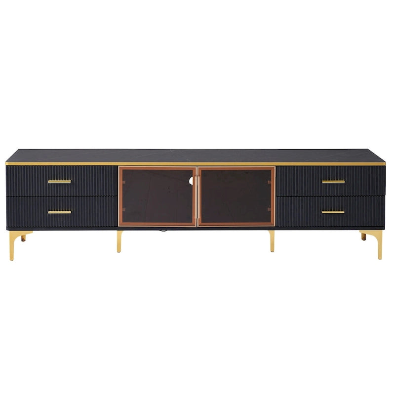 Media Console Table with Glass Storage Cabinet,Golden Legs & Handles-10