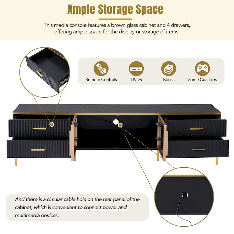 Media Console Table with Glass Storage Cabinet,Golden Legs & Handles-11