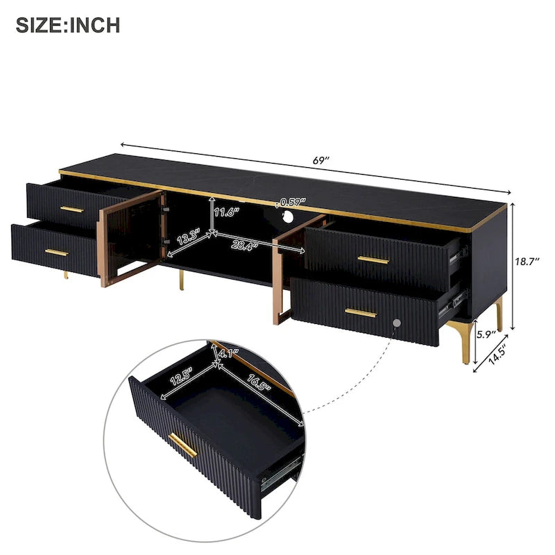 Media Console Table with Glass Storage Cabinet,Golden Legs & Handles-17