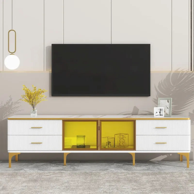 Media Console Table with Glass Storage Cabinet,Golden Legs & Handles-18