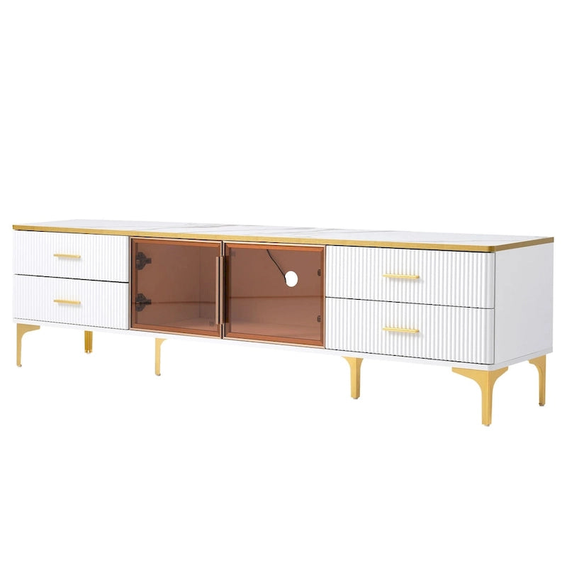 Media Console Table with Glass Storage Cabinet,Golden Legs & Handles-21