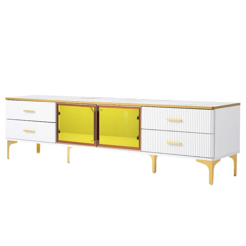 Media Console Table with Glass Storage Cabinet,Golden Legs & Handles-24