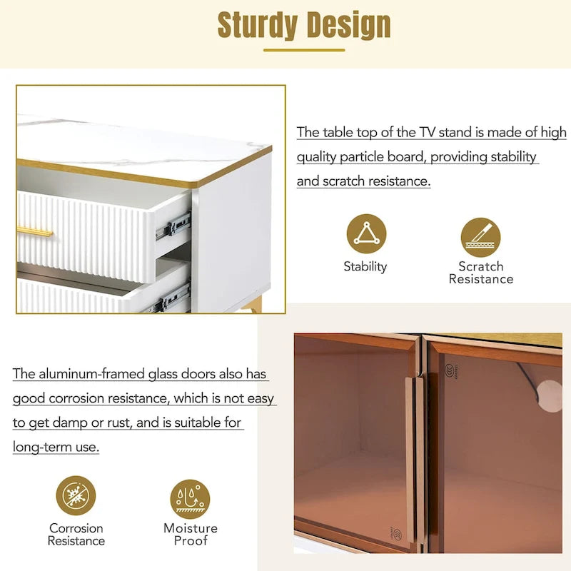 Media Console Table with Glass Storage Cabinet,Golden Legs & Handles-25