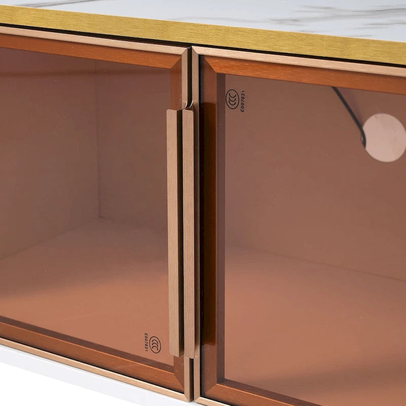 Media Console Table with Glass Storage Cabinet,Golden Legs & Handles-29