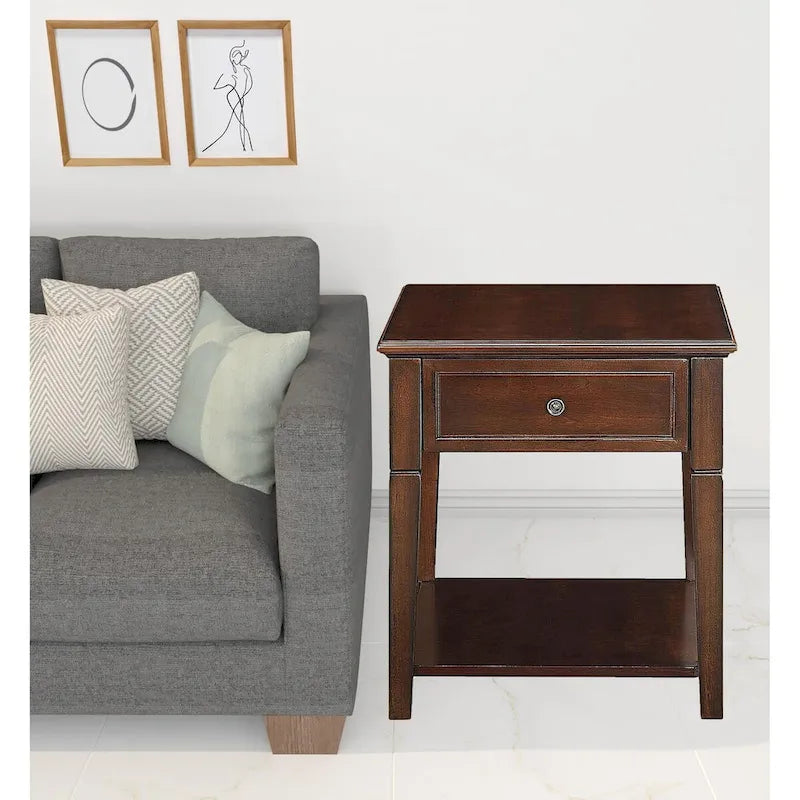 HomeRoots 24 Walnut Manufactured Wood Rectangular End Table With Drawer And Shelf - 22-6