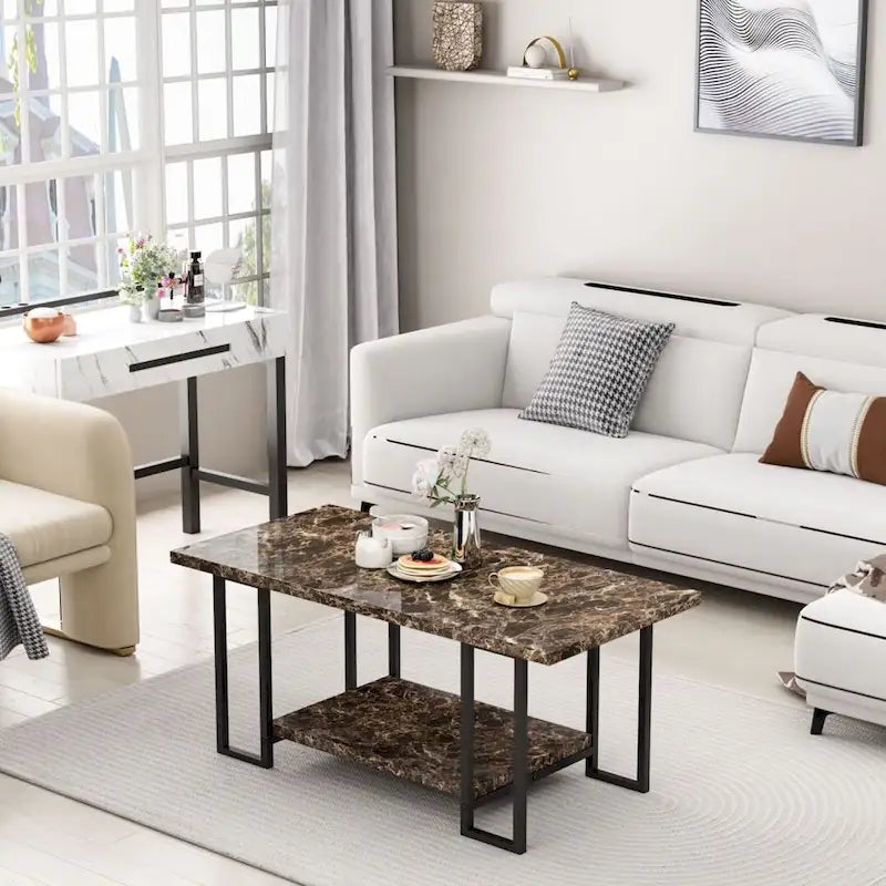 Mieres 39 Wide 2-Tier Faux Marble Top Coffee Table with Steel Frame-2