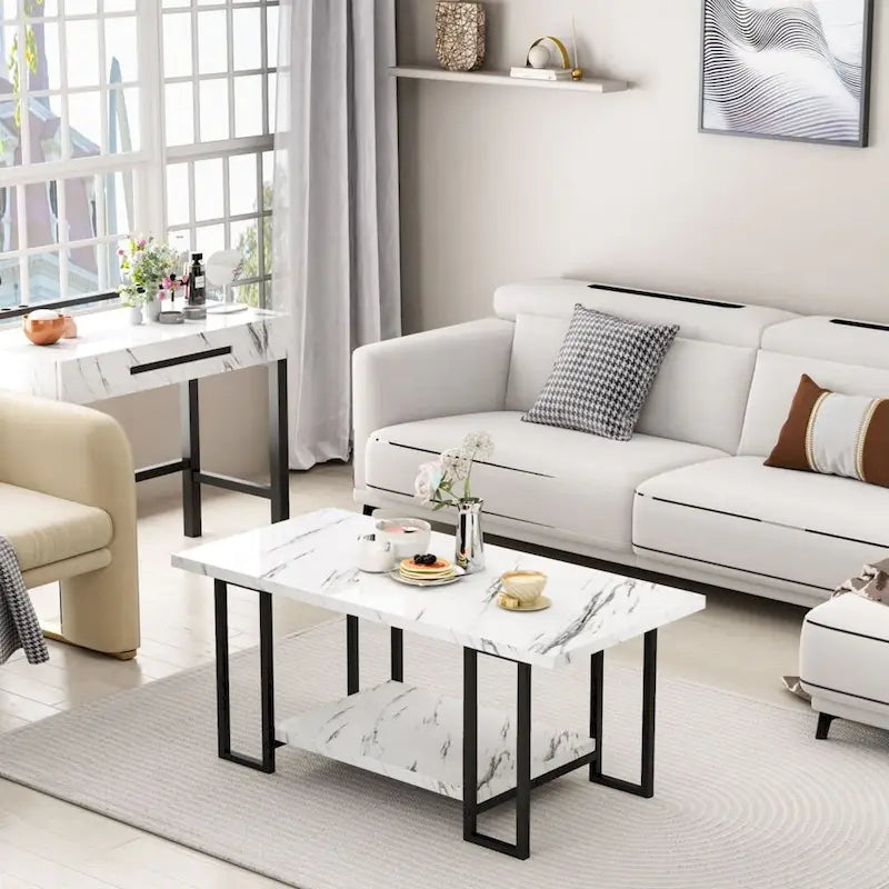 Mieres 39 Wide 2-Tier Faux Marble Top Coffee Table with Steel Frame-8