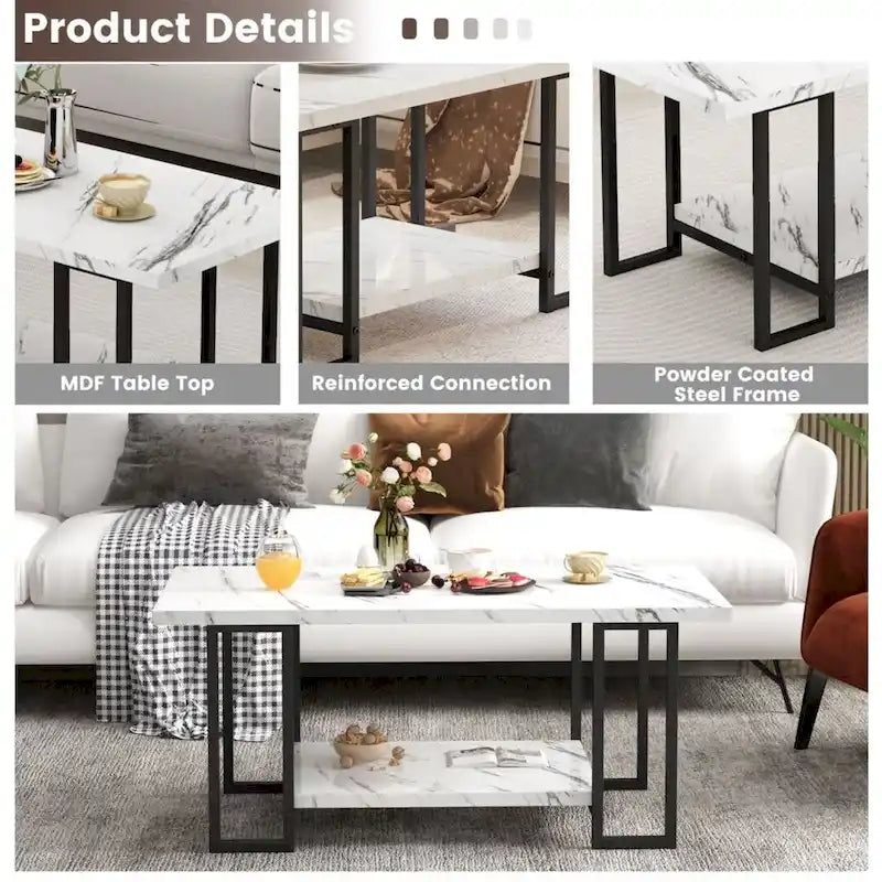 Mieres 39 Wide 2-Tier Faux Marble Top Coffee Table with Steel Frame-12
