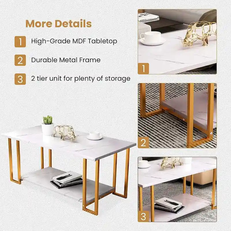 Mieres 39 Wide 2-Tier Faux Marble Top Coffee Table with Steel Frame-19
