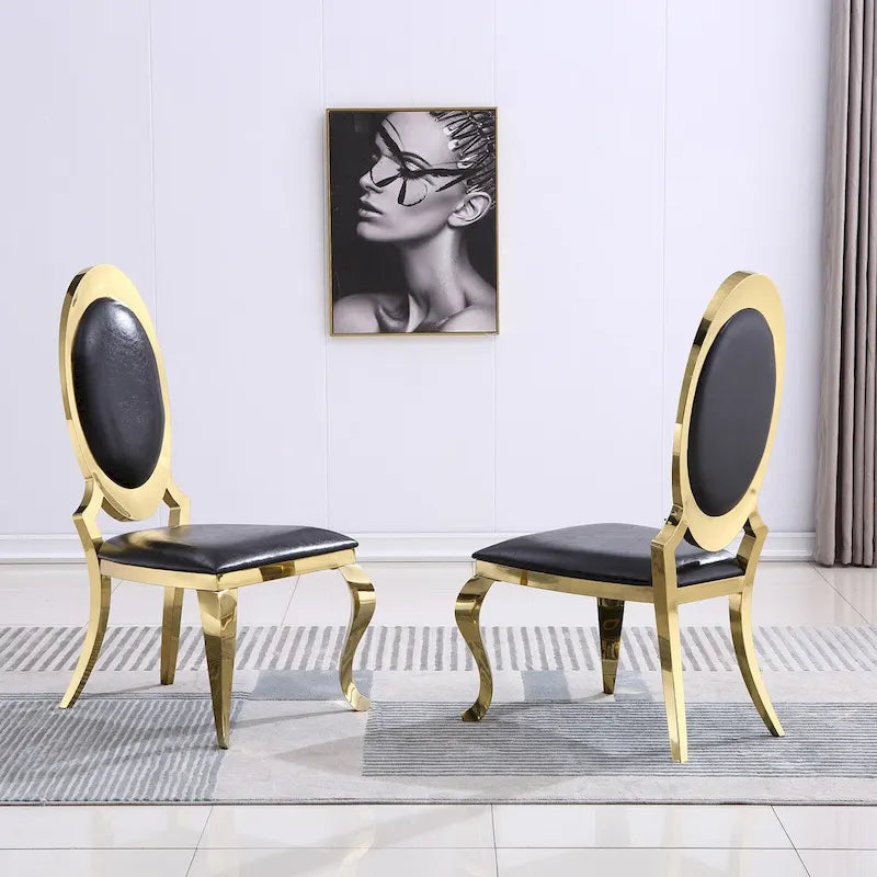 Luxury Black PU Leather Dining Chairs with Polished Gold Cabriole Legs-7