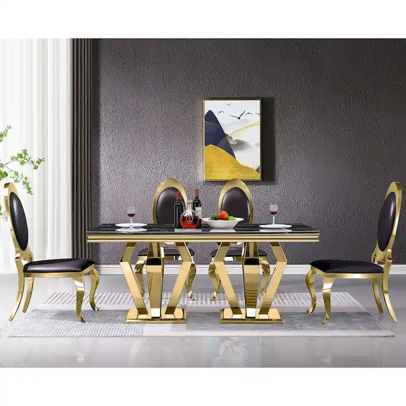 Luxury Black PU Leather Dining Chairs with Polished Gold Cabriole Legs-3