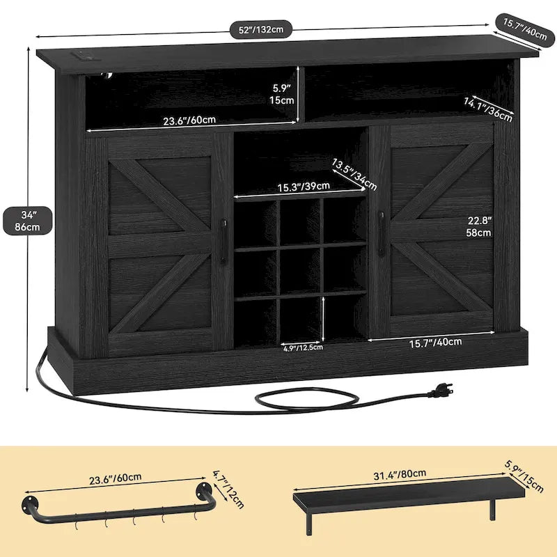 52Farmhouse Coffee Bar Cabinet with Floating Shelf - 15.75D x 52W x 34H-12