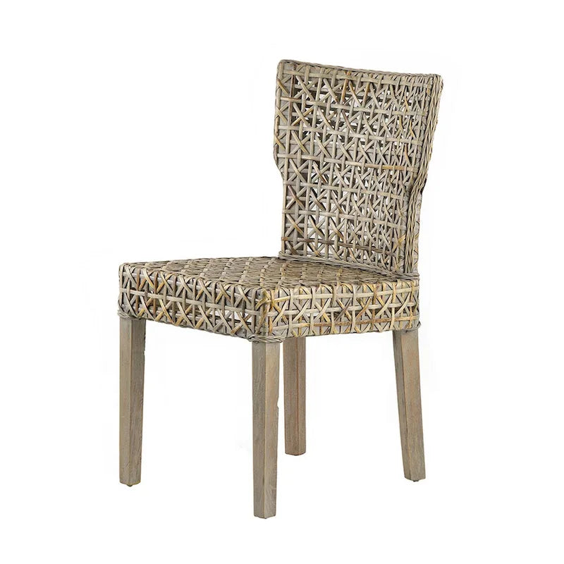 22 Inch Side Dining Chair, Woven Rattan Backrest and Seat, Weathered Gray-2