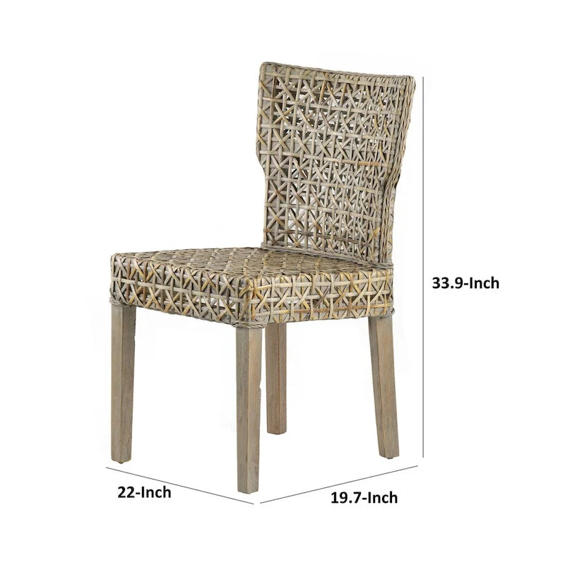22 Inch Side Dining Chair, Woven Rattan Backrest and Seat, Weathered Gray-5