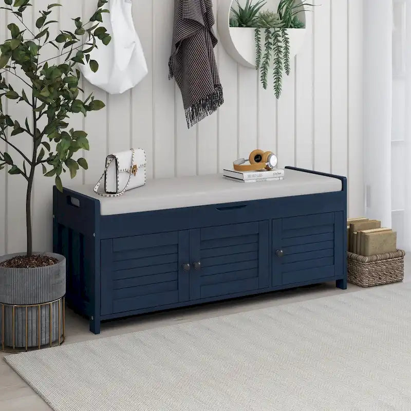 3 Doors Storage Bench with Removable Cushion and Hidden Storage Space-38