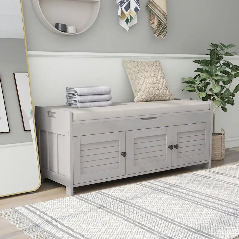 3 Doors Storage Bench with Removable Cushion and Hidden Storage Space-39