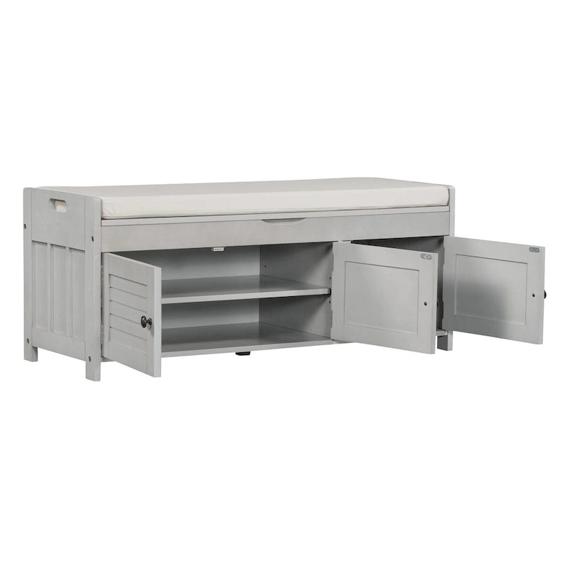 3 Doors Storage Bench with Removable Cushion and Hidden Storage Space-19