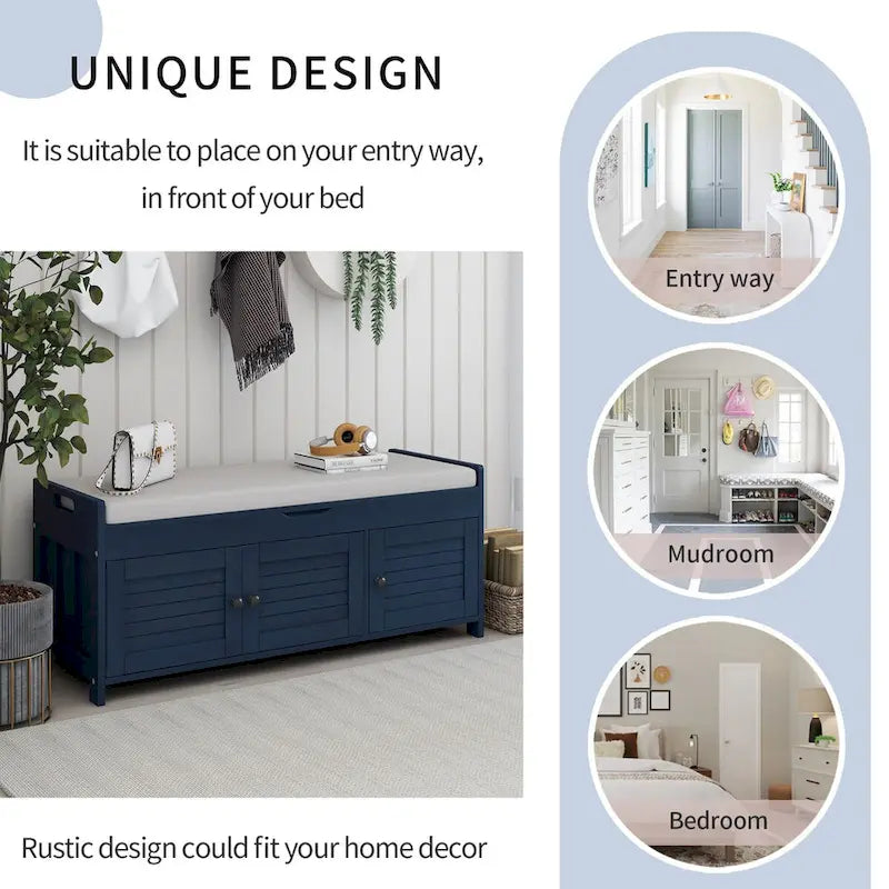 3 Doors Storage Bench with Removable Cushion and Hidden Storage Space-24