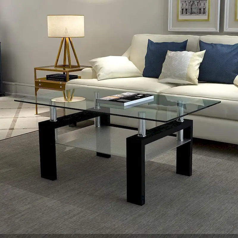 Rectangle Coffee Table Glass Tabletop with Lower Shelf-2