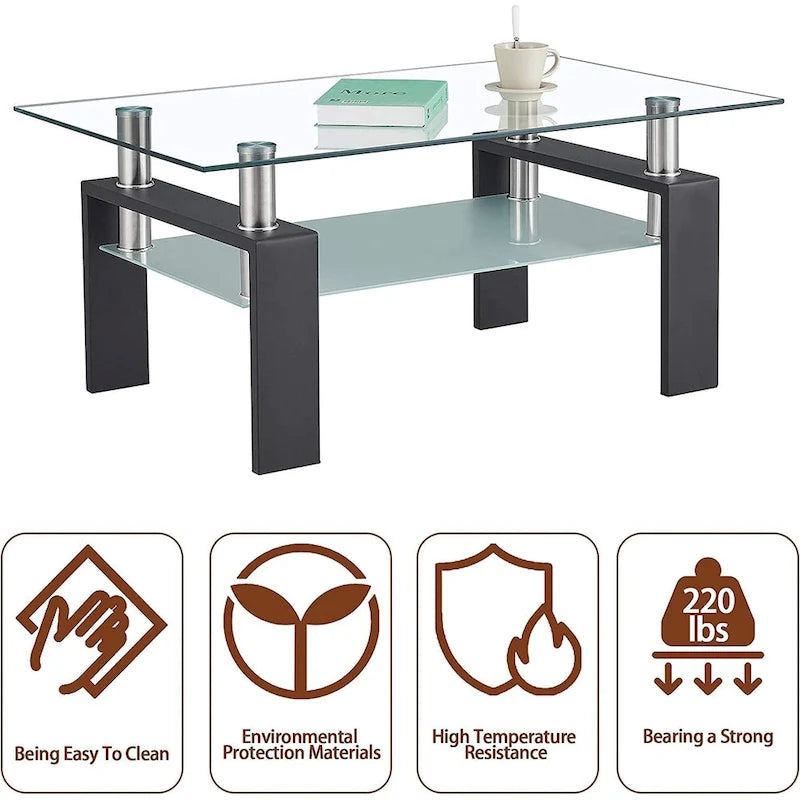 Rectangle Coffee Table Glass Tabletop with Lower Shelf-3