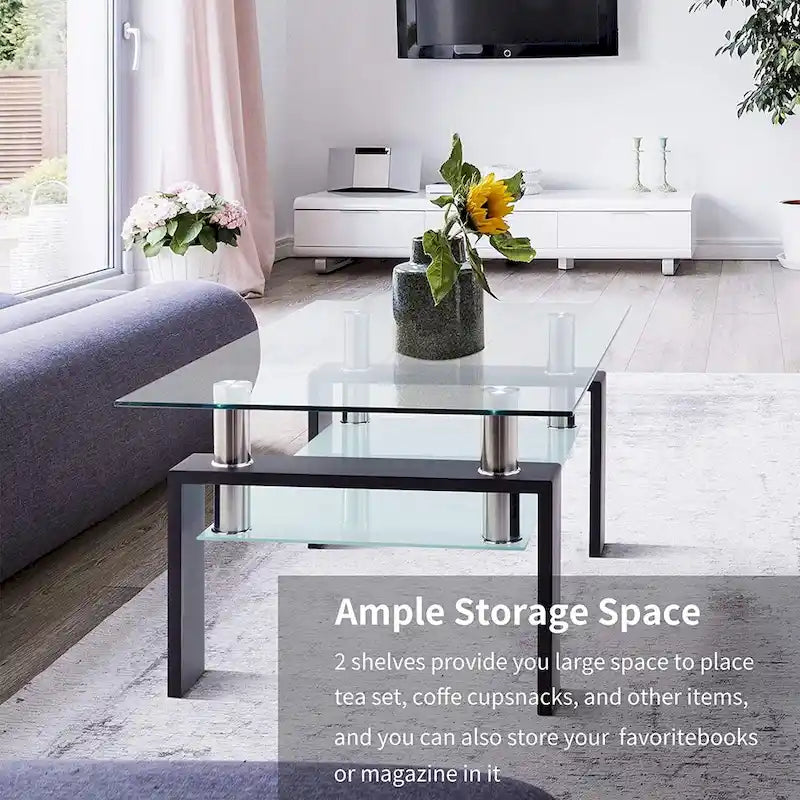 Rectangle Coffee Table Glass Tabletop with Lower Shelf-4