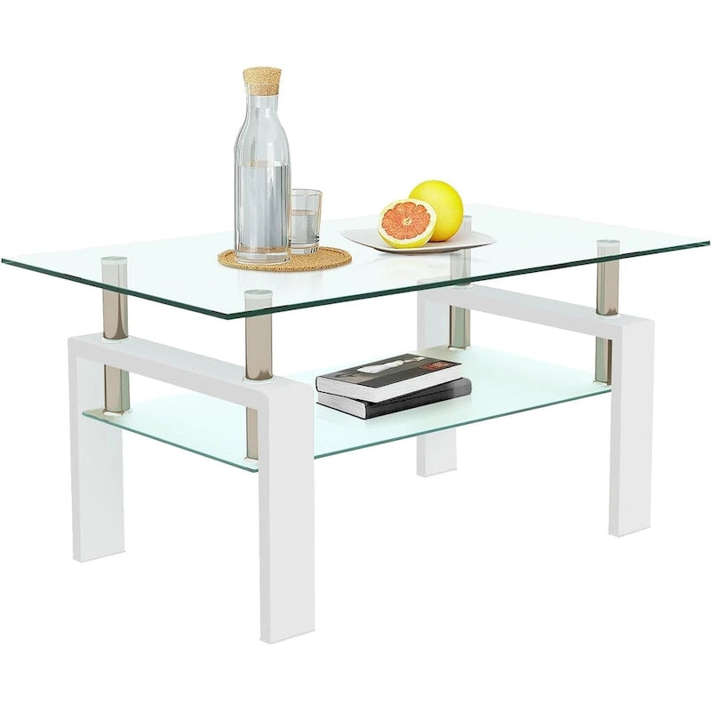 Rectangle Coffee Table Glass Tabletop with Lower Shelf-5