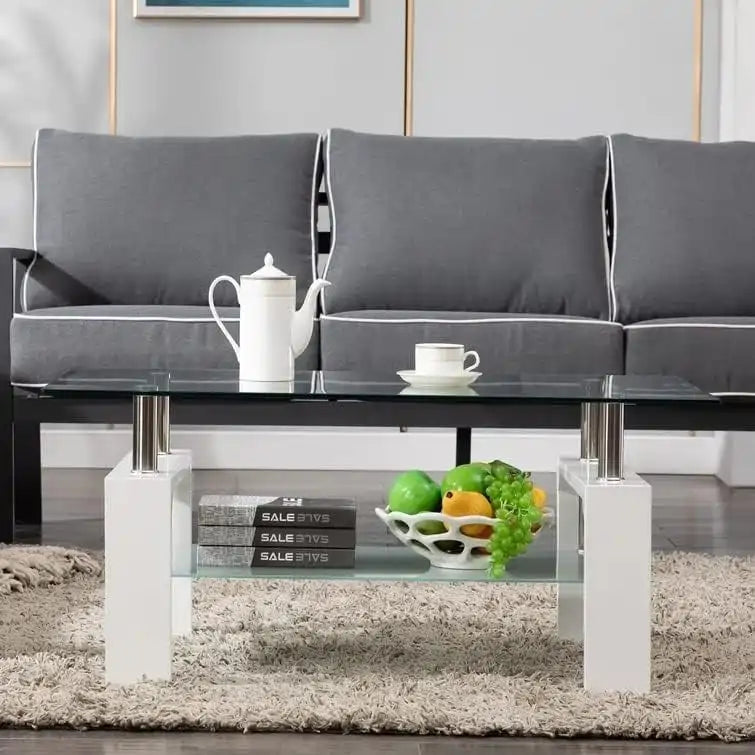 Rectangle Coffee Table Glass Tabletop with Lower Shelf-6
