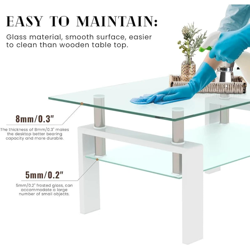 Rectangle Coffee Table Glass Tabletop with Lower Shelf-7