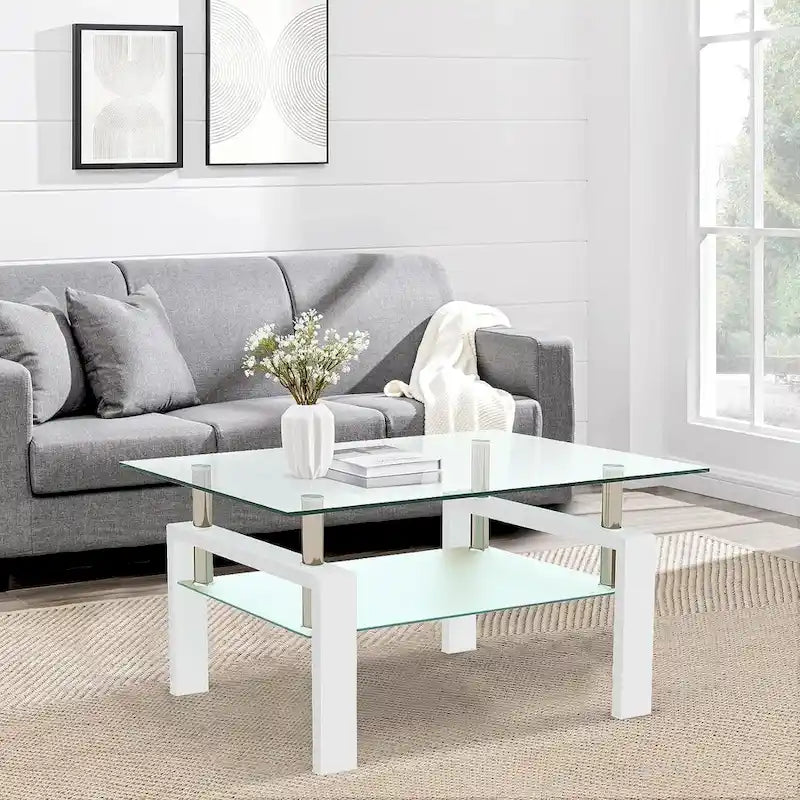 Rectangle Coffee Table Glass Tabletop with Lower Shelf-8