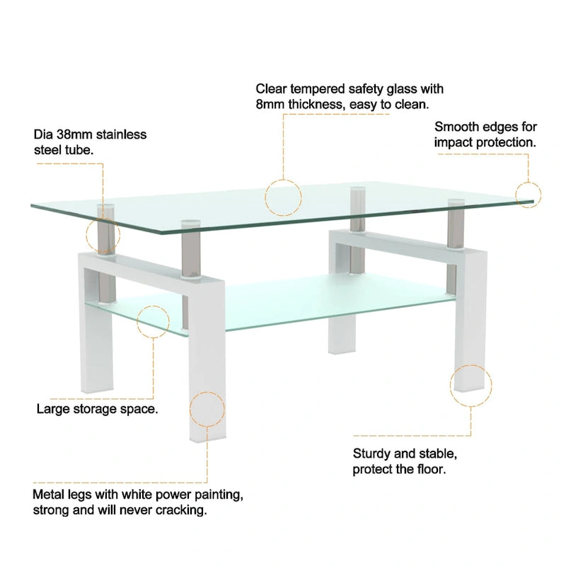 Rectangle Coffee Table Glass Tabletop with Lower Shelf-11