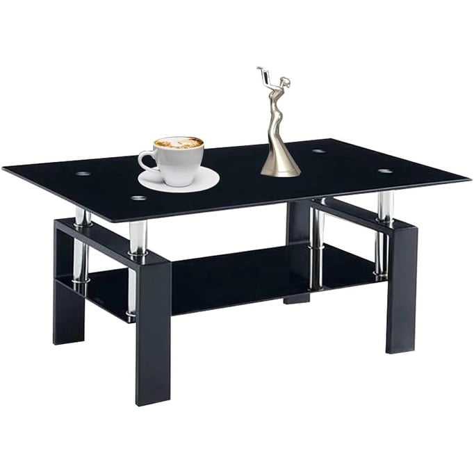 Rectangle Coffee Table Glass Tabletop with Lower Shelf-18