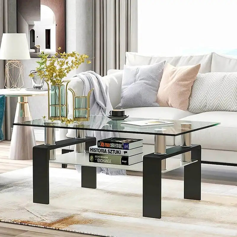 Rectangle Coffee Table Glass Tabletop with Lower Shelf-19