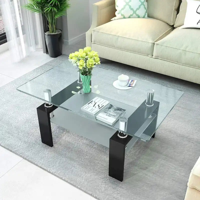 Rectangle Coffee Table Glass Tabletop with Lower Shelf-20