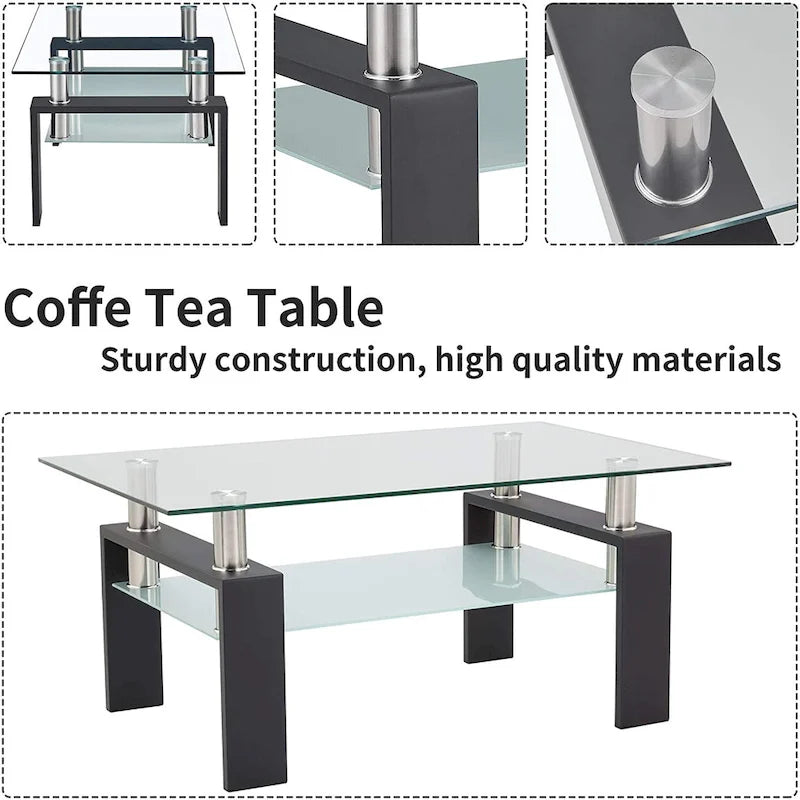 Rectangle Coffee Table Glass Tabletop with Lower Shelf-21