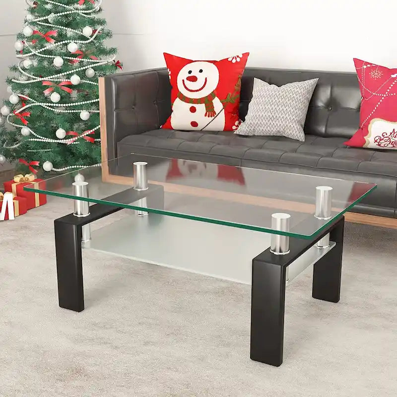 Rectangle Coffee Table Glass Tabletop with Lower Shelf-23