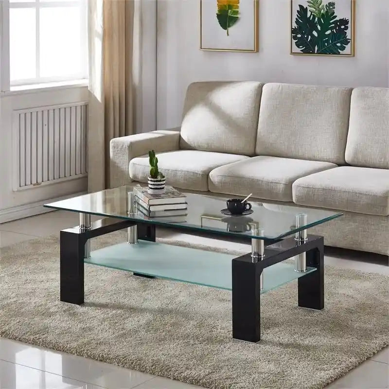 Rectangle Coffee Table Glass Tabletop with Lower Shelf-24