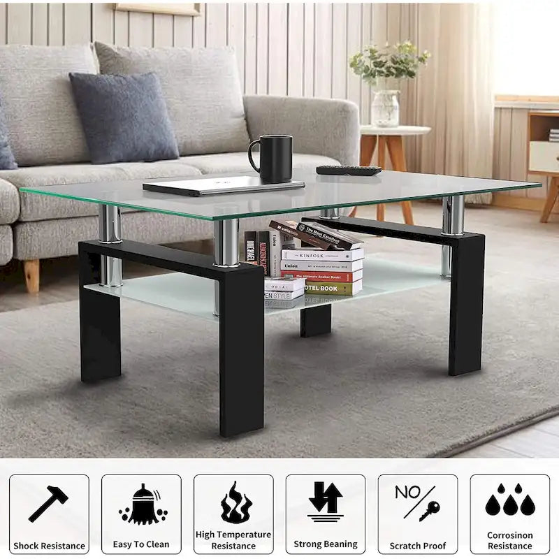Rectangle Coffee Table Glass Tabletop with Lower Shelf-25