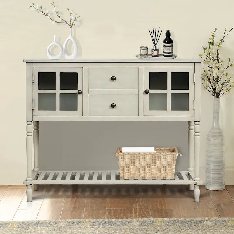 Vintage French Wooden Console Table with Two Glass Cabinet Doors-22