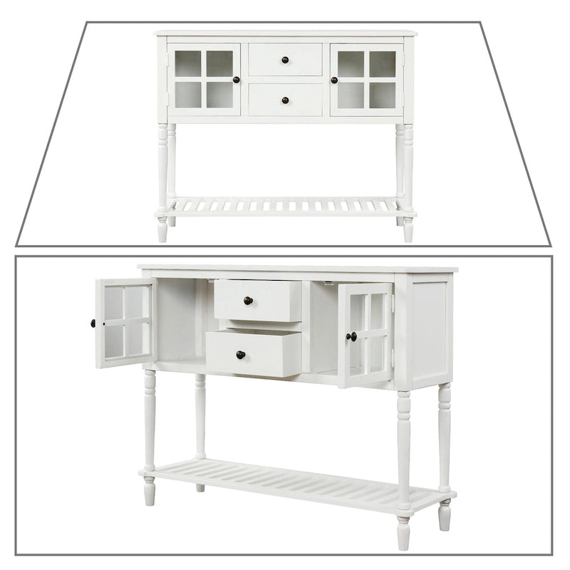 Vintage French Wooden Console Table with Two Glass Cabinet Doors