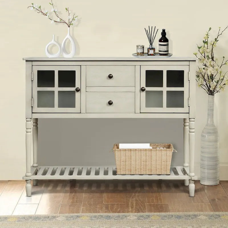 Vintage French Wooden Console Table with Two Glass Cabinet Doors-8