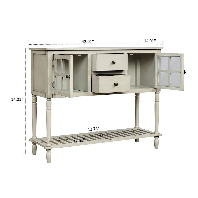 Vintage French Wooden Console Table with Two Glass Cabinet Doors-11