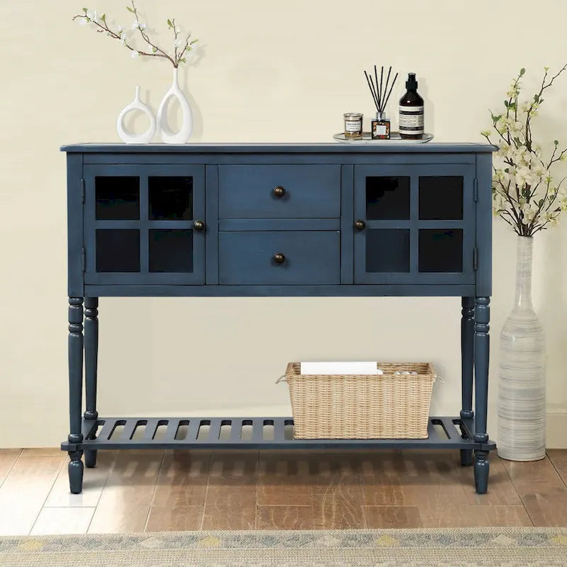 Vintage French Wooden Console Table with Two Glass Cabinet Doors-15