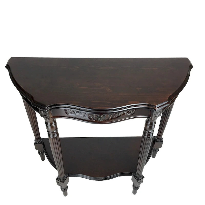 Half Crescent Moon Shape Engraved Wooden Console Table with 1 Drawer,Brown-3