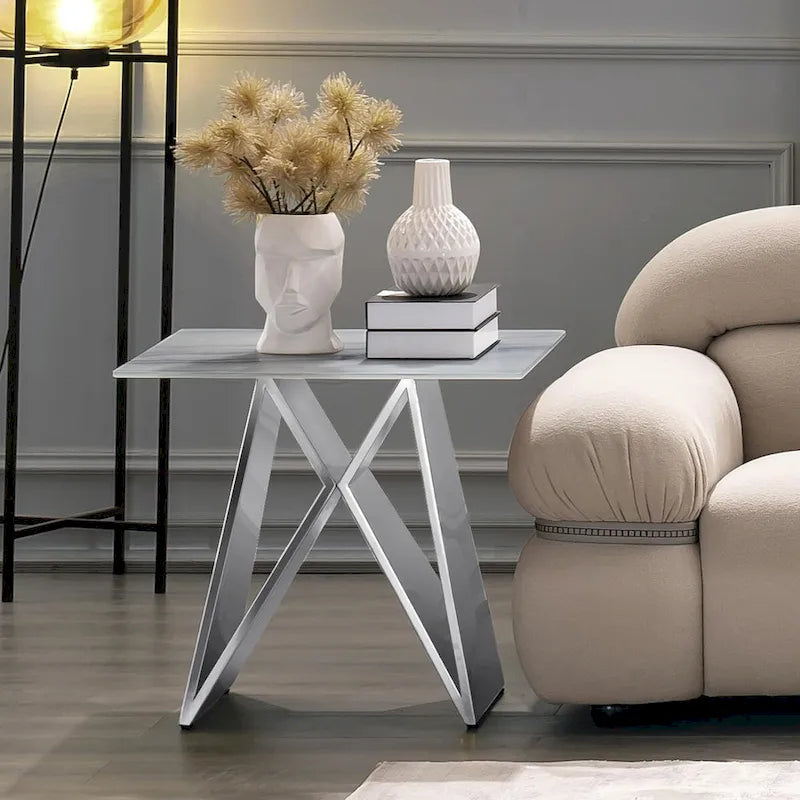Luxurious Silver M Shape Base End Table Glass Accent Table-3