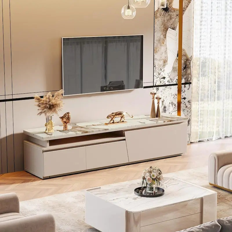 70.9 W - 105 W Extendable TV Stand, Extra Long Modern Entertainment Center with 3 Drawers-5