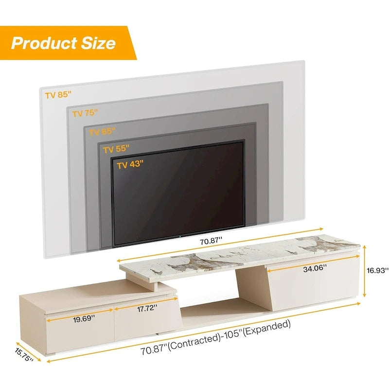 70.9 W - 105 W Extendable TV Stand, Extra Long Modern Entertainment Center with 3 Drawers-6