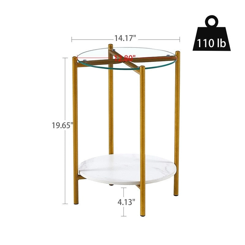 2 Tier Round Side Table with Tempered Glass Modern End Tables-4